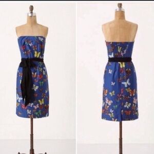 Anthropologie Strapless Blue Butterfly Print Dress with Black Sash